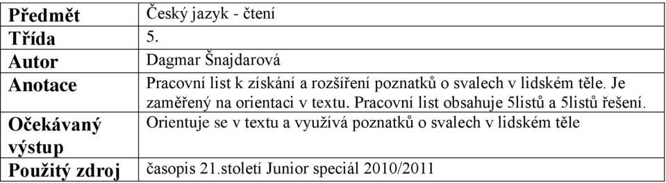 poznatků o svalech v lidském těle. Je zaměřený na orientaci v textu.