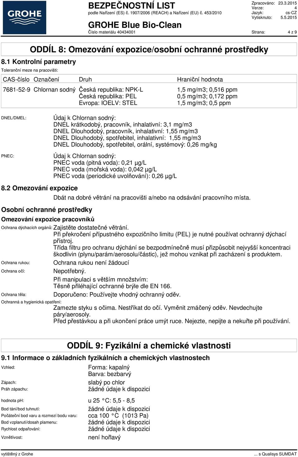0,172 ppm Evropa: IOELV: STEL 1,5 mg/m3; 0,5 ppm DNEL/DMEL: PNEC: 8.