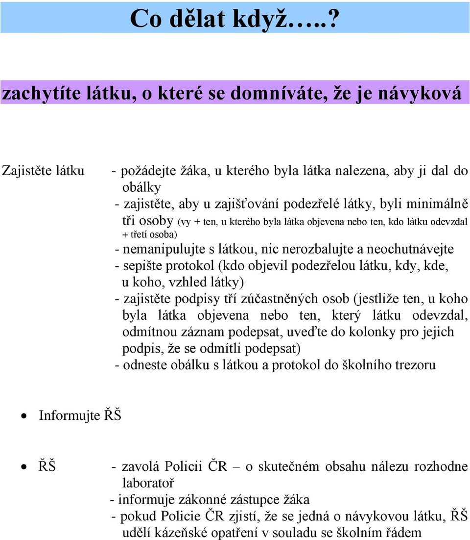 podezřelou látku, kdy, kde, u koho, vzhled látky) - zajistěte podpisy tří zúčastněných osob (jestliže ten, u koho byla látka objevena nebo ten, který látku odevzdal, odmítnou záznam podepsat, uveďte