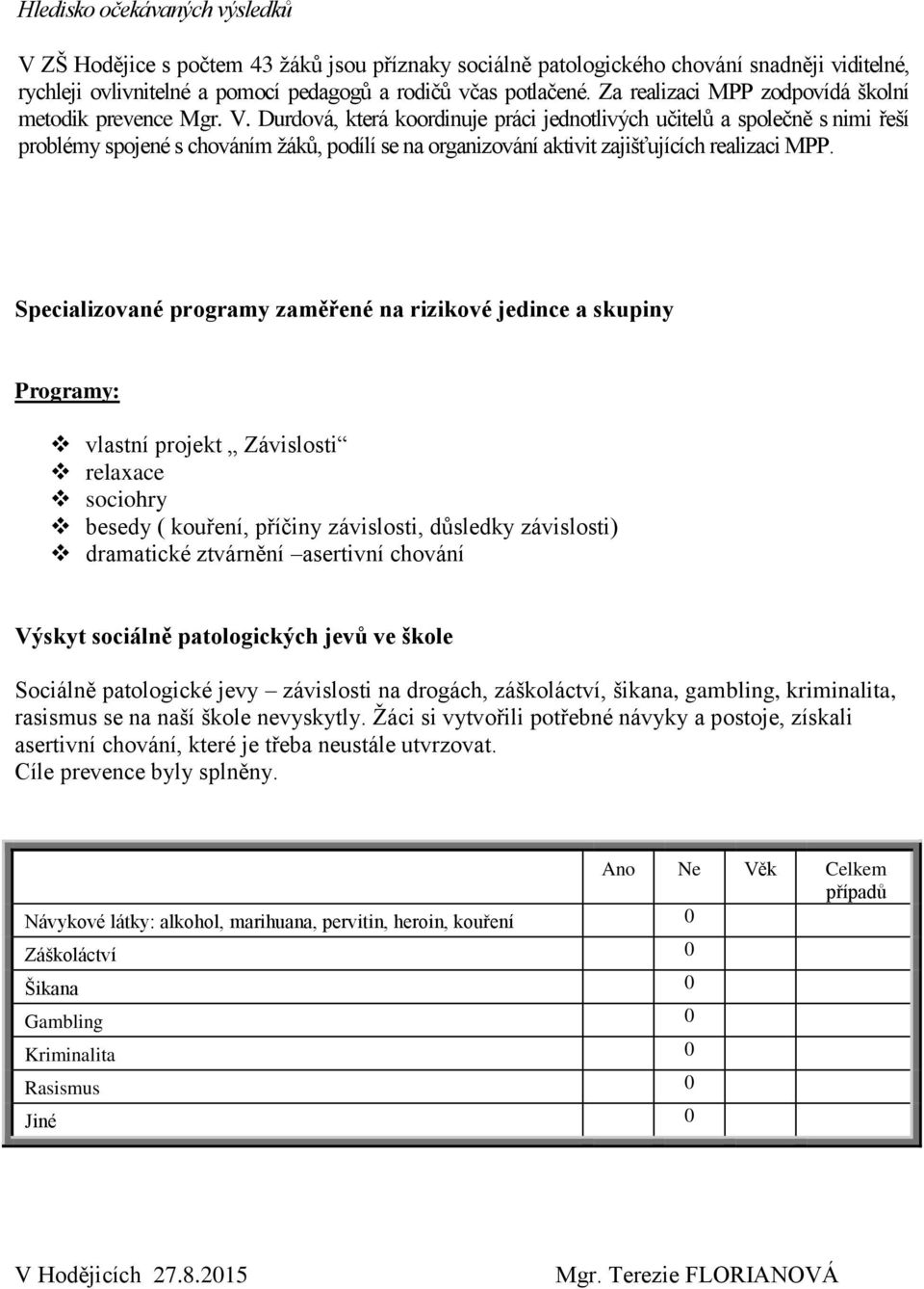 Durdová, která koordinuje práci jednotlivých učitelů a společně s nimi řeší problémy spojené s chováním žáků, podílí se na organizování aktivit zajišťujících realizaci MPP.