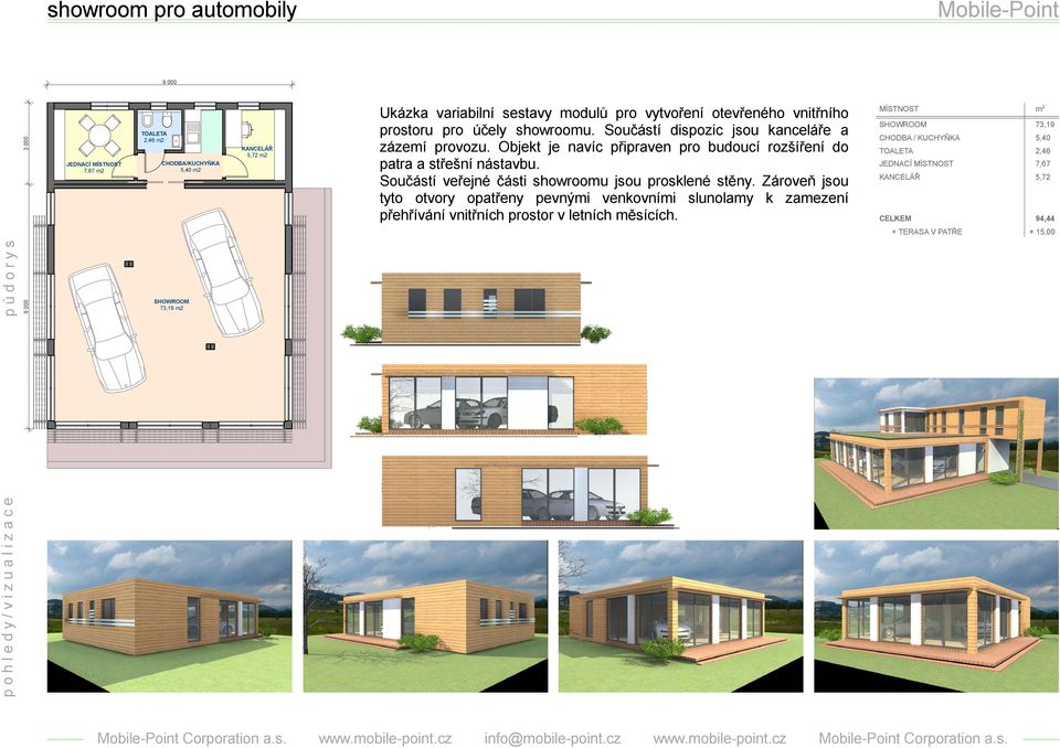 Součástí veřejné části showroomu jsou prosklené stěny. Zároveň jsou tyto otvory opatřeny pevnými venkovními slunolamy k zamezení přehřívání vnitřních prostor v letních měsících.