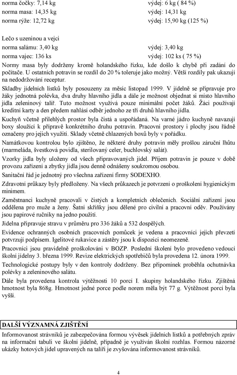 Větší rozdíly pak ukazují na nedodržování receptur. Skladby jídelních lístků byly posouzeny za měsíc listopad 1999.