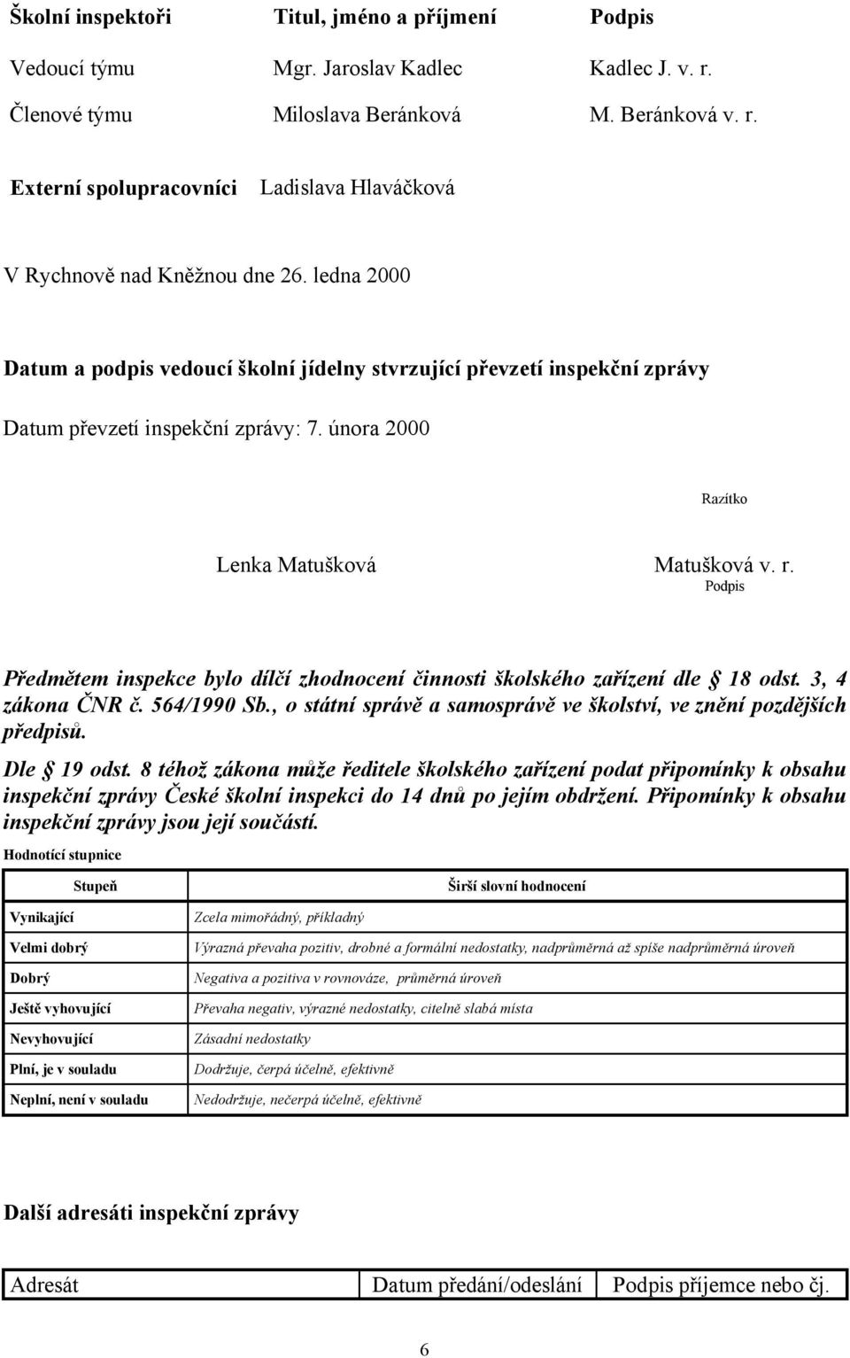 Podpis Předmětem inspekce bylo dílčí zhodnocení činnosti školského zařízení dle 18 odst. 3, 4 zákona ČNR č. 564/1990 Sb., o státní správě a samosprávě ve školství, ve znění pozdějších předpisů.