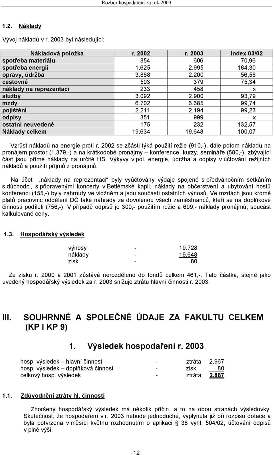 194 99,23 odpisy 351 999 x ostatní neuvedené 175 232 132,57 Náklady celkem 19.634 19.648 100,07 Vzrůst nákladů na energie proti r.