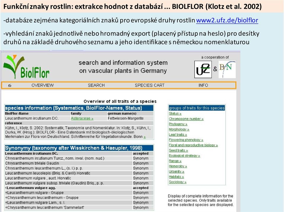de/biolflor vyhledání znaků jednotlivě nebo hromadný export (placený přístup na