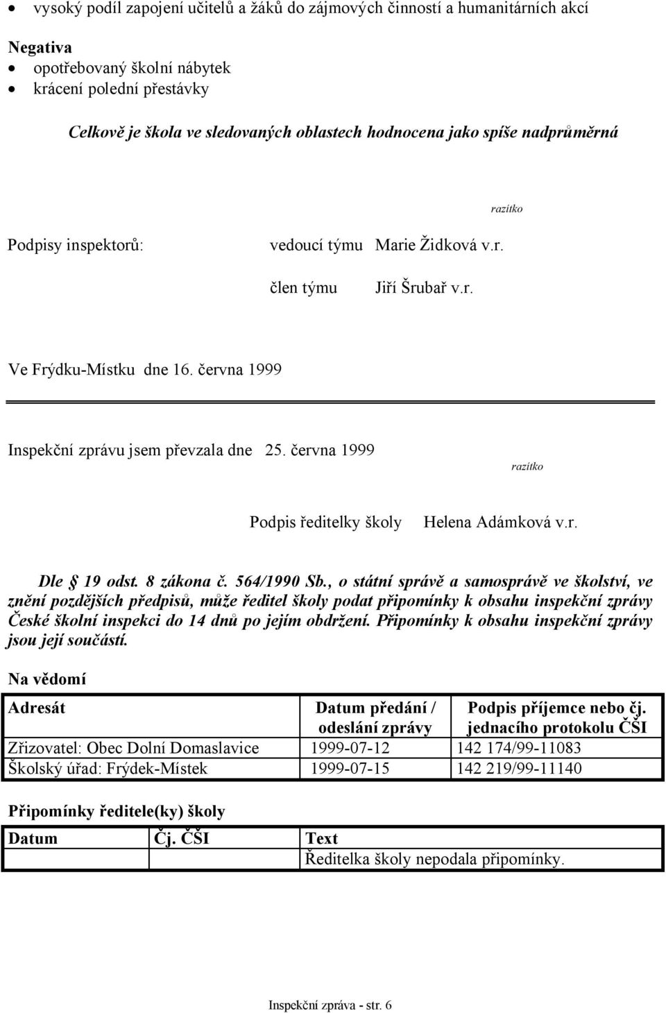 června 1999 razítko Podpis ředitelky školy Helena Adámková v.r. Dle 19 odst. 8 zákona č. 564/1990 Sb.