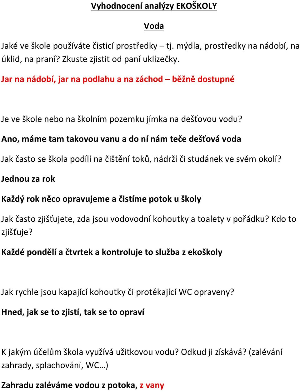 Ano, máme tam takovou vanu a do ní nám teče dešťová voda Jak často se škola podílí na čištění toků, nádrží či studánek ve svém okolí?