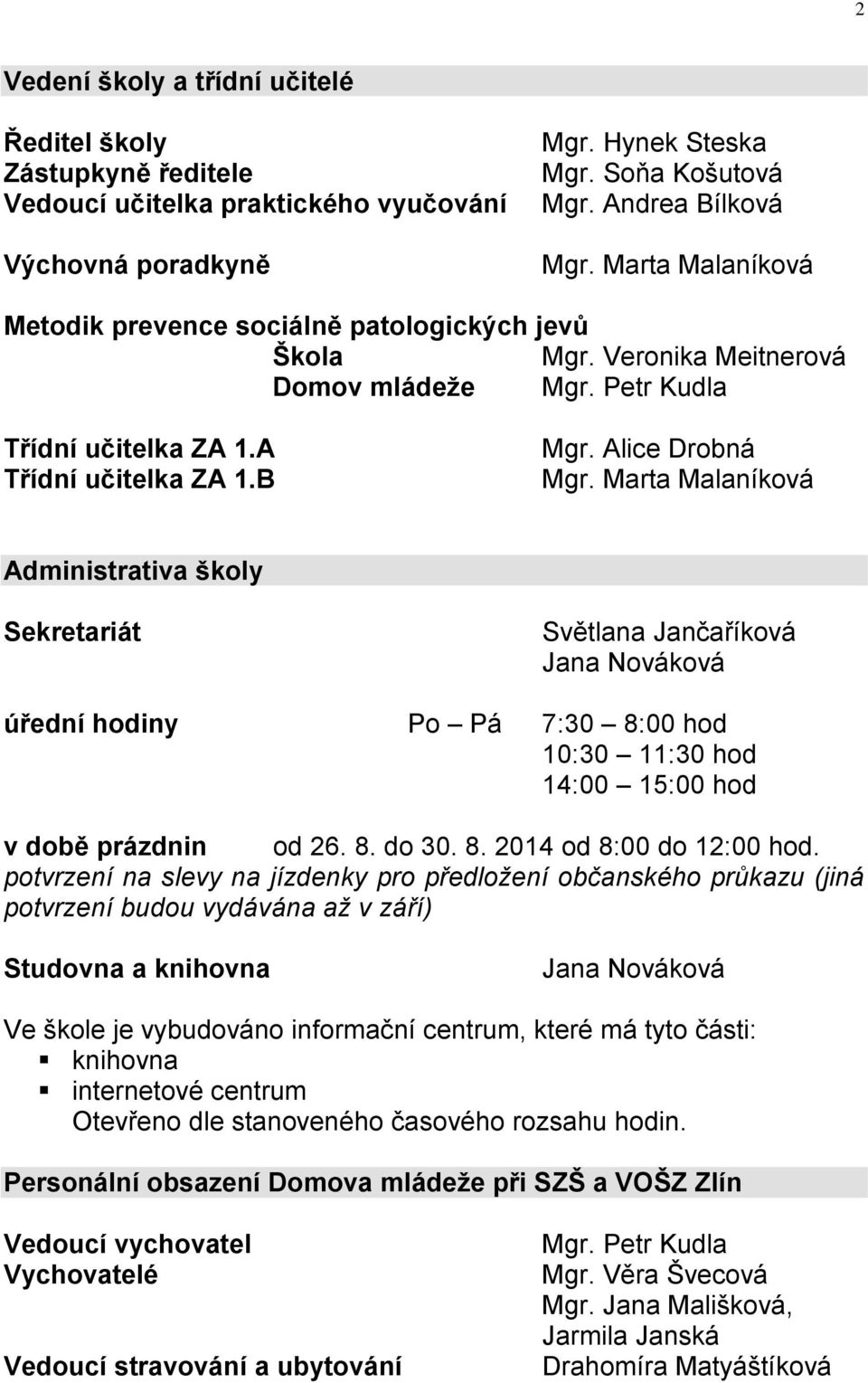 Marta Malaníková Administrativa školy Sekretariát Světlana Jančaříková Jana Nováková úřední hodiny Po Pá 7:30 8:00 hod 10:30 11:30 hod 14:00 15:00 hod v době prázdnin od 26. 8. do 30. 8. 2014 od 8:00 do 12:00 hod.