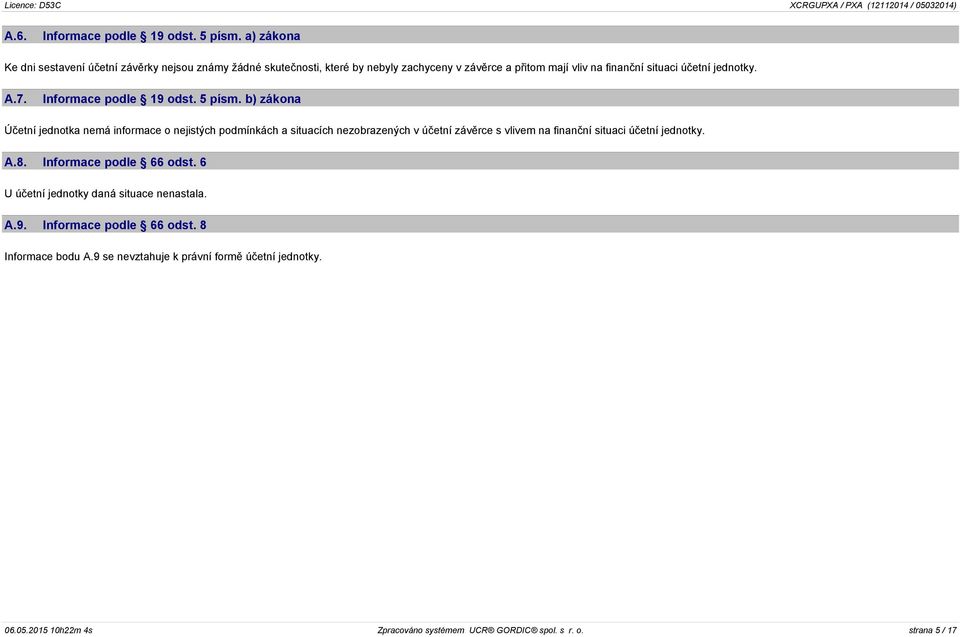 jednotky. A.7. Informace podle 19 odst. 5 písm.