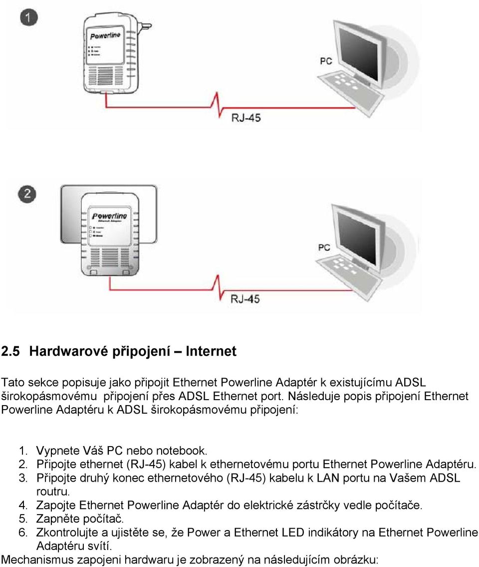 Připojte ethernet (RJ-45) kabel k ethernetovému portu Ethernet Powerline Adaptéru. 3. Připojte druhý konec ethernetového (RJ-45) kabelu k LAN portu na Vašem ADSL routru. 4.