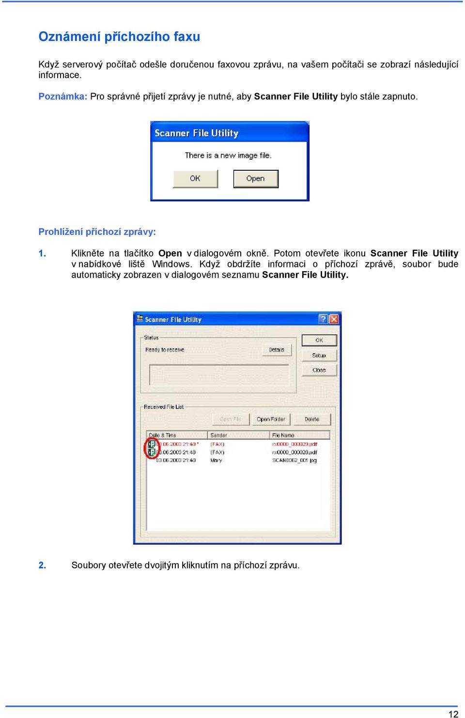 Klikněte na tlačítko Open v dialogovém okně. Potom otevřete ikonu Scanner File Utility v nabídkové liště Windows.