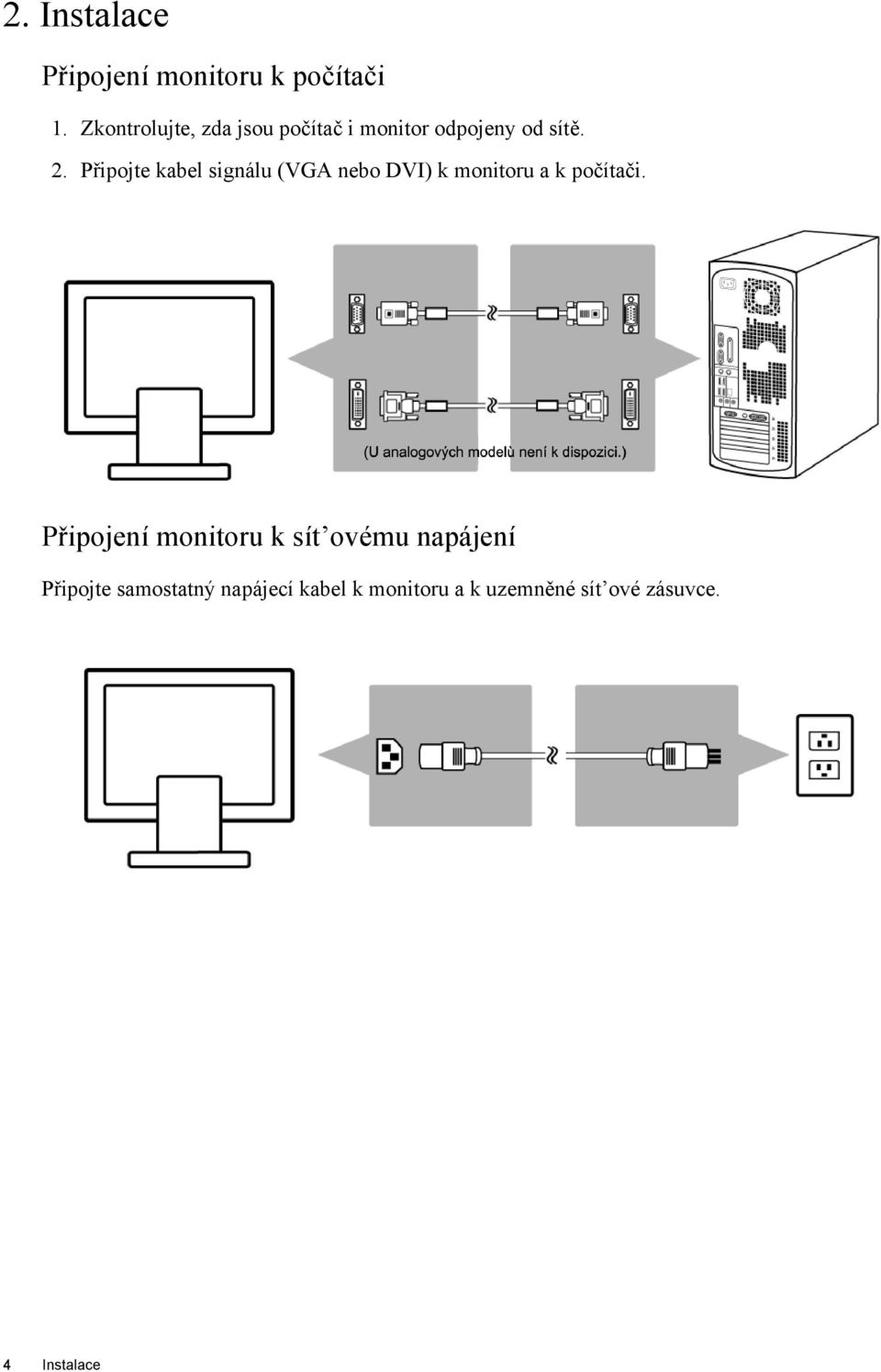 Připojte kabel signálu (VGA nebo DVI) k monitoru a k počítači.