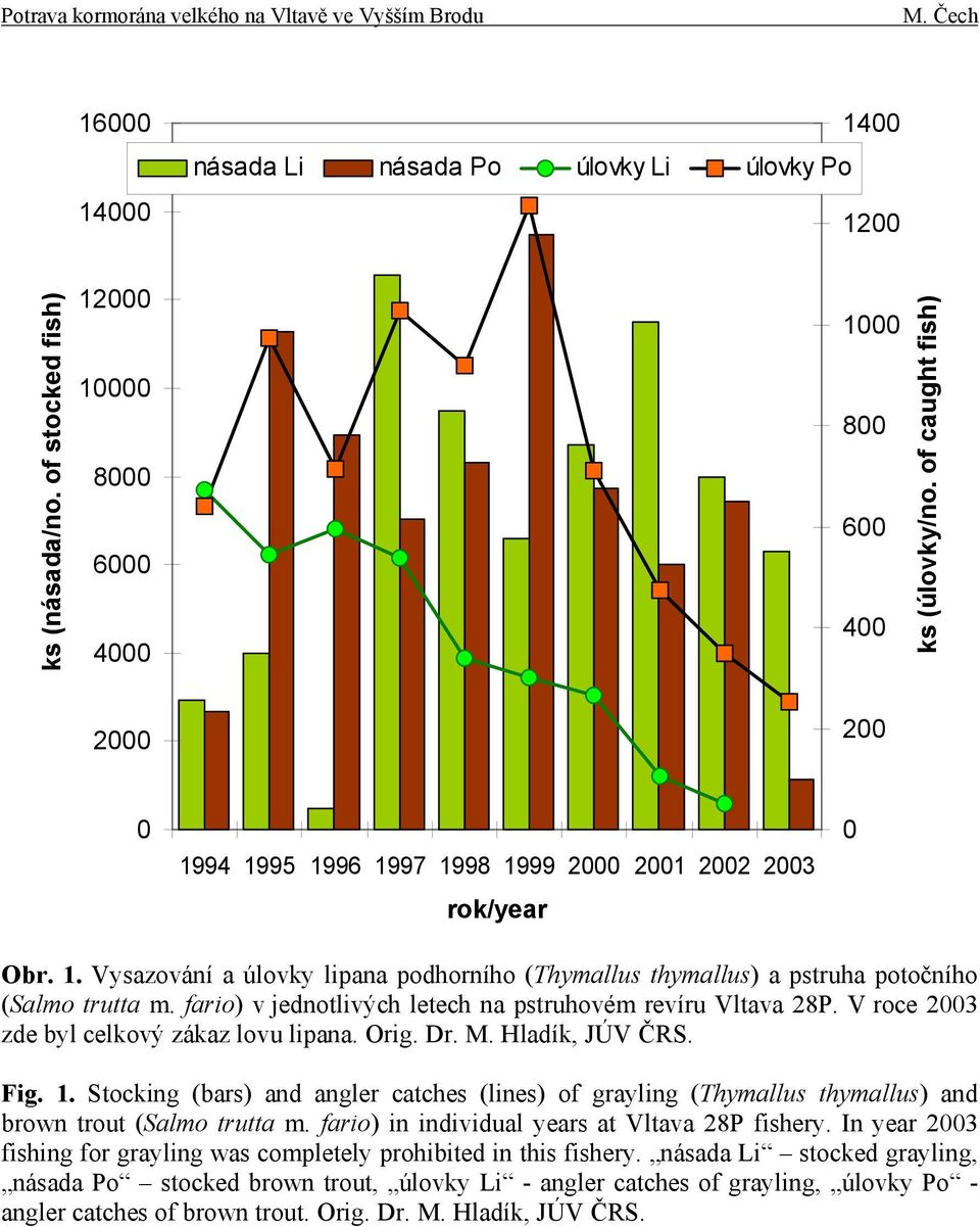 fario) v jednotlivých letech na pstruhovém revíru Vltava 28P. V roce 2003 zde byl celkový zákaz lovu lipana. Orig. Dr. M. Hladík, JÚV ČRS. Fig. 1.