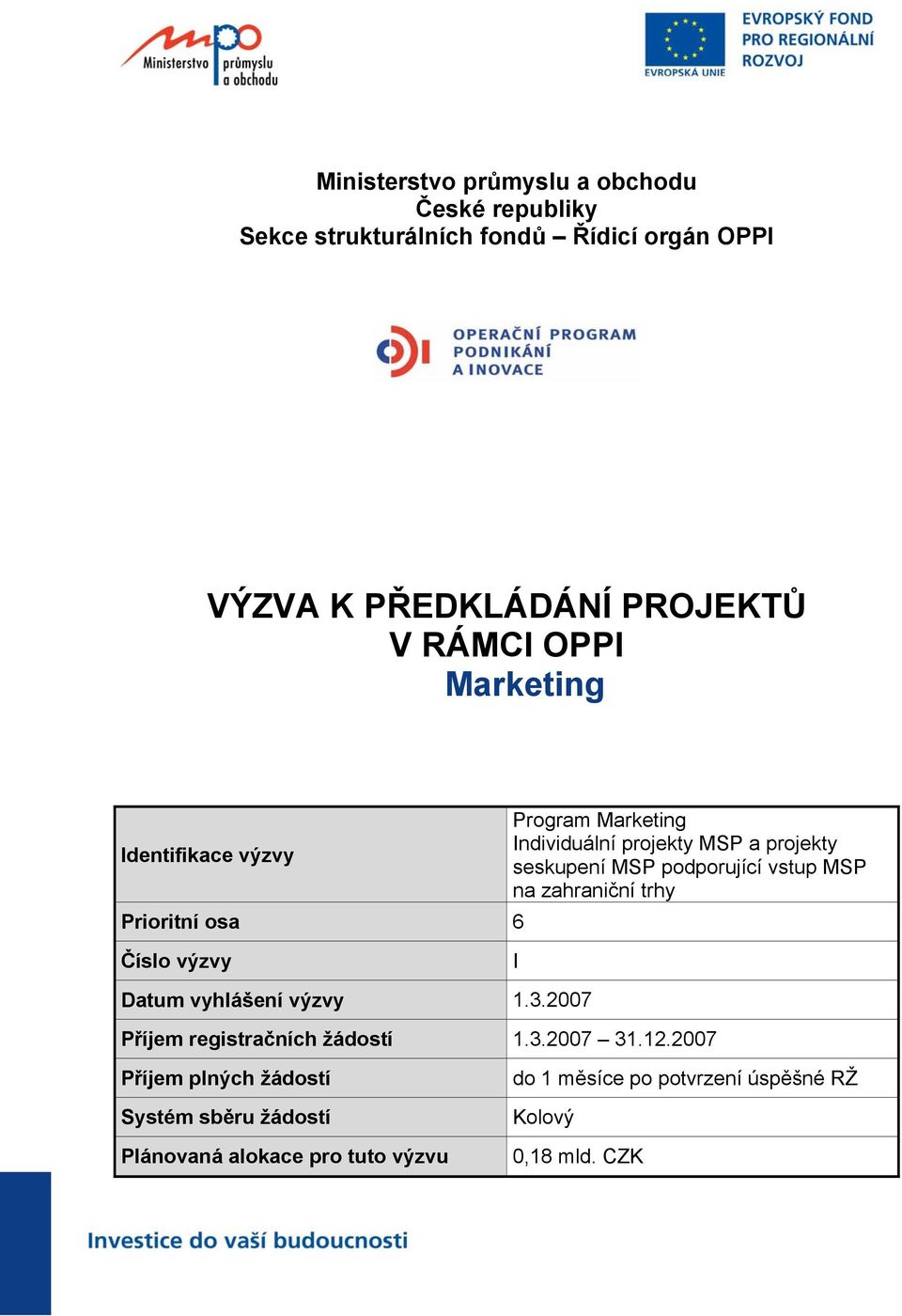 podporující vstup MSP na zahraniční trhy Číslo výzvy I Datum vyhlášení výzvy 1.3.2007 Příjem registračních žádostí 1.3.2007 31.