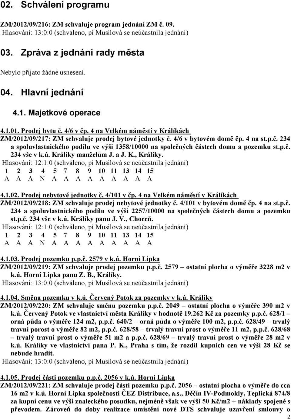 p.č. 234 vše v k.ú. Králíky manželům J. a J. K., Králíky. Hlasování: 12:1:0 (schváleno, pí Musilová se neúčastnila jednání) A A A N A A A A A A A A A 4.1.02. Prodej nebytové jednotky č. 4/101 v čp.