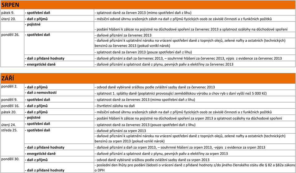 červenec 2013 a splatnost ozálohy na důchodové spoření pondělí 26.