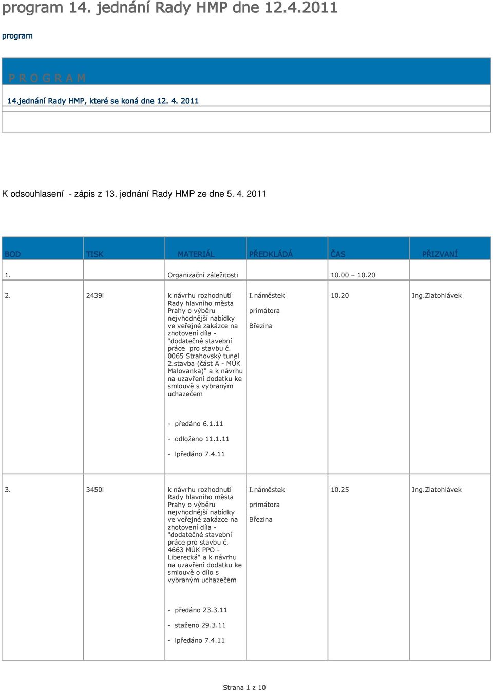 0065 Strahovský tunel 2.stavba (část A - MÚK Malovanka)" a k návrhu na uzavření dodatku ke smlouvě s vybraným uchazečem 10.20 Ing.Zlatohlávek - předáno 6.1.11 - odloženo 11.1.11 - lpředáno 7.4.11 3.