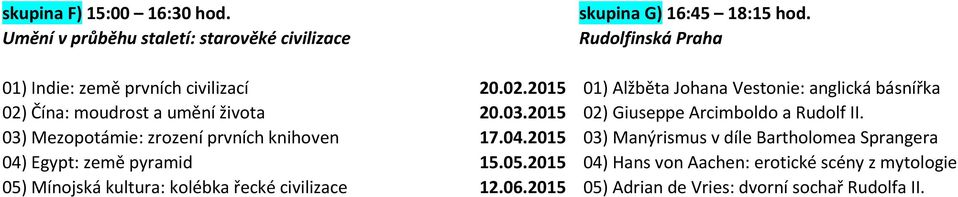 2015 01) Alžběta Johana Vestonie: anglická básnířka 02) Čína: moudrost a umění života 20.03.2015 02) Giuseppe Arcimboldo a Rudolf II.