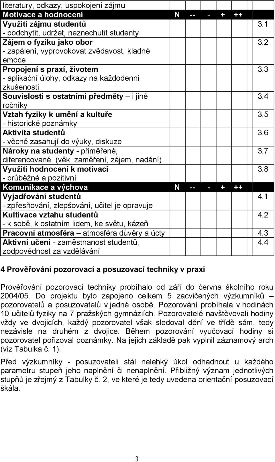 4 ročníky Vztah fyziky k umění a kultuře 3.5 - historické poznámky Aktivita studentů 3.6 - věcně zasahují do výuky, diskuze Nároky na studenty - přiměřené, 3.