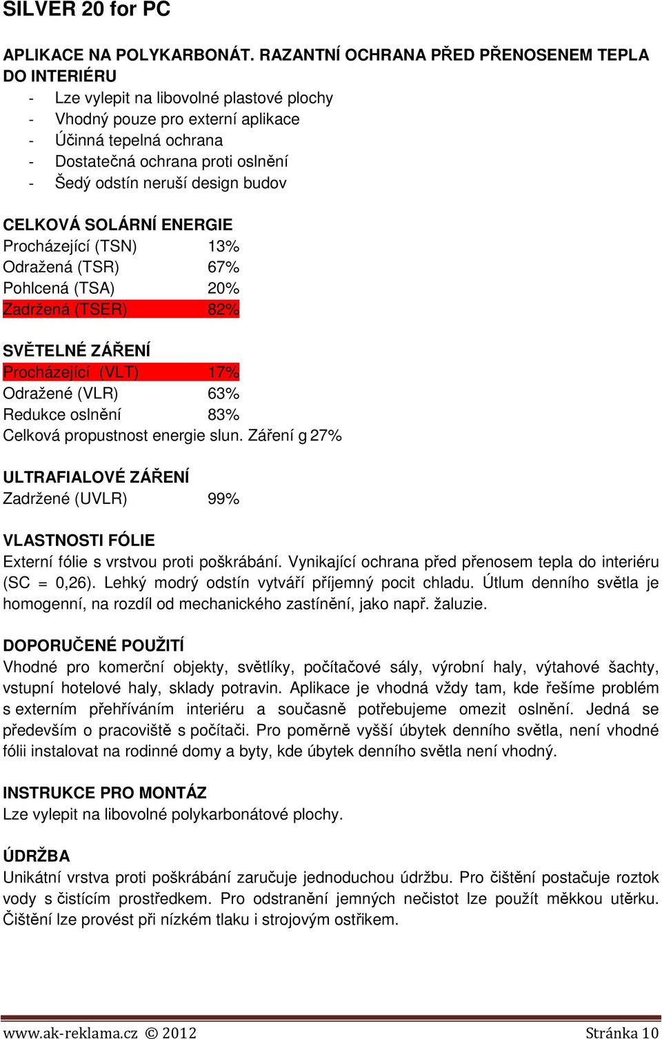 Procházející (TSN) 13% Odražená (TSR) 67% Pohlcená (TSA) 20% Zadržená (TSER) 82% Procházející (VLT) 17% Odražené (VLR) 63% Redukce oslnění 83% Celková propustnost energie slun.