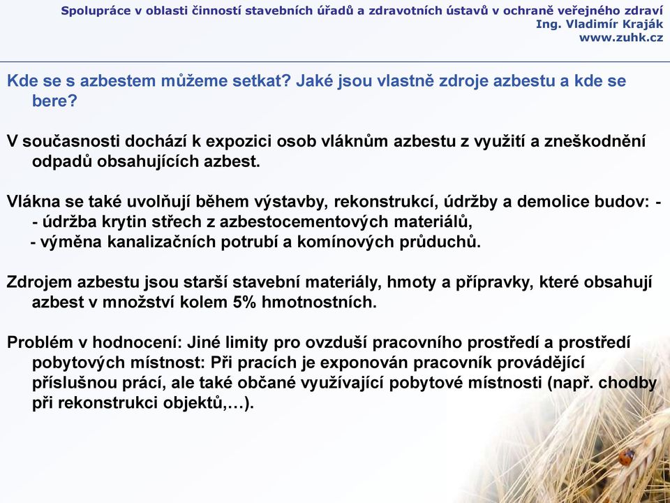 Zdrojem azbestu jsou starší stavební materiály, hmoty a přípravky, které obsahují azbest v množství kolem 5% hmotnostních.