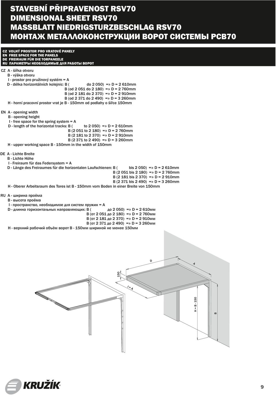 D = 2 76mm (od 2 181 do 2 37) =» D = 2 91mm (od 2 371 do 2 49) =» D = 3 26mm H - horní pracovní prostor vrat je - 15mm od podlahy o šířce 15mm A - opening width - opening height I - free space for