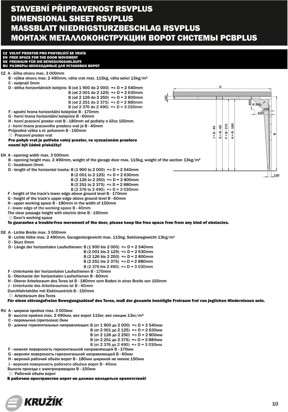 115kg, weight of the section 13kg/m² C - headroom mm D - length of the horizontal tracks: (1 9 to 2 ) =» D = 2 54mm (2 1 to 2 125) =» D = 2 63mm (2 126 to 2 25) =» D = 2 8mm (2 251 to 2 375) =» D = 2