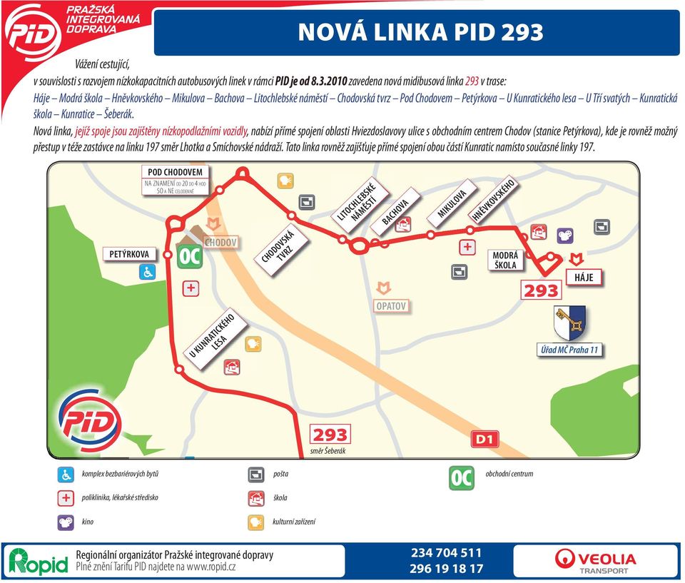 2010 zavedena nová midibusová linka 293 v trase: Háje Modrá škola Hněvkovského Mikulova Bachova Litochlebské náměstí Chodovská tvrz Pod Chodovem Petýrkova U Kunratického lesa U Tří svatých Kunratická