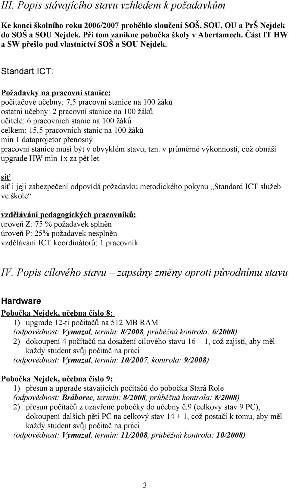 Standart ICT: Požadavky na pracovní stanice: počítačové učebny: 7,5 pracovní stanice na 100 žáků ostatní učebny: 2 pracovní stanice na 100 žáků učitelé: 6 pracovních stanic na 100 žáků celkem: 15,5