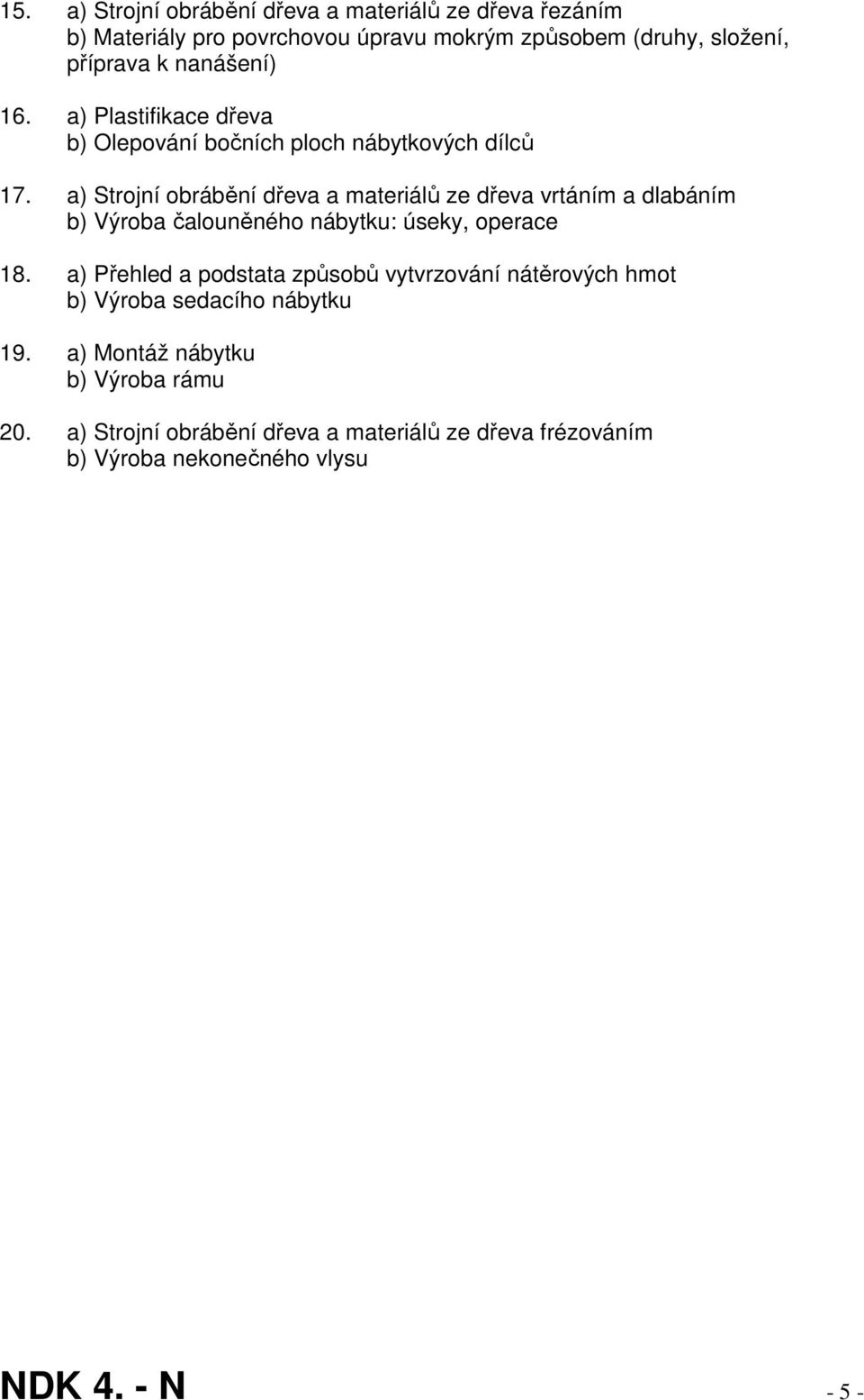 a) Strojní obrábění dřeva a materiálů ze dřeva vrtáním a dlabáním b) Výroba čalouněného nábytku: úseky, operace 18.