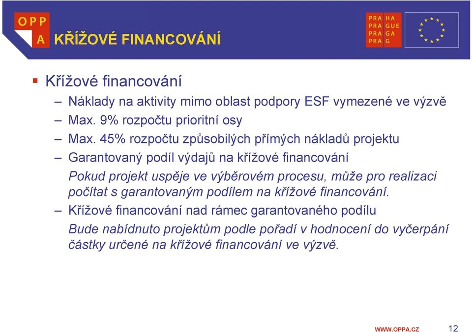 45% rozpočtu způsobilých přímých nákladů projektu Garantovaný podíl výdajů na křížové financování Pokud projekt uspěje ve