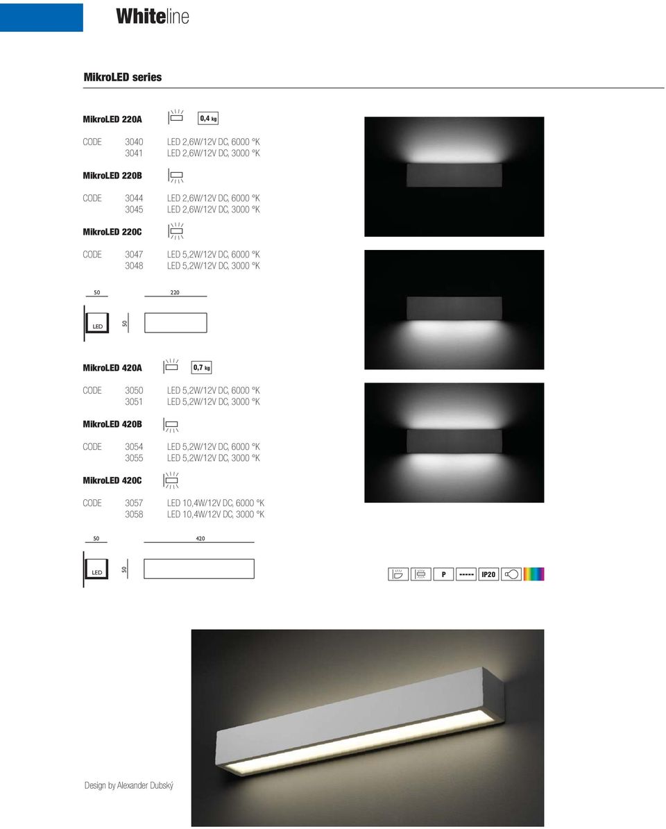 3050 LED 5,2W/12V DC, 6000 K 3051 LED 5,2W/12V DC, 3000 K CODE 3054 LED 5,2W/12V DC, 6000 K 3055 LED 5,2W/12V DC,