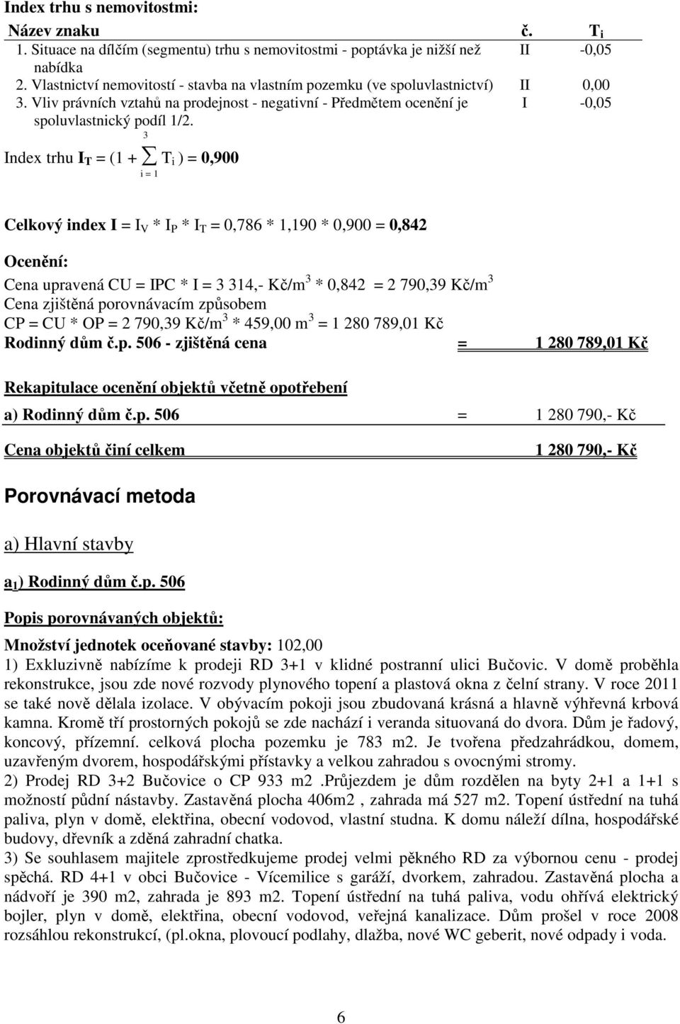 I -0,05 Index trhu I T = (1 + T i ) = 0,900 i = 1 3 Celkový index I = I V * I P * I T = 0,786 * 1,190 * 0,900 = 0,842 Ocenění: Cena upravená CU = IPC * I = 3 314,- Kč/m 3 * 0,842 = 2 790,39 Kč/m 3