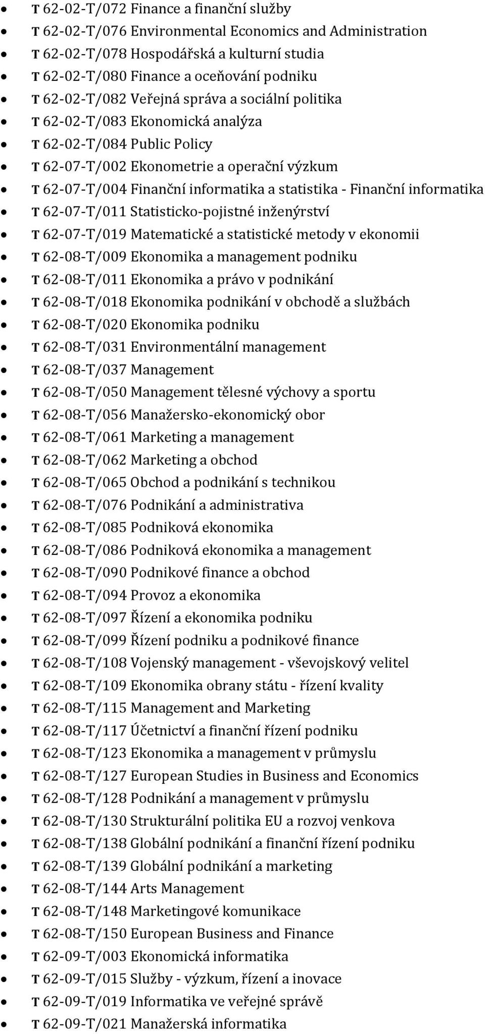 informatika T 62-07-T/011 Statisticko-pojistné inženýrství T 62-07-T/019 Matematické a statistické metody v ekonomii T 62-08-T/009 Ekonomika a management podniku T 62-08-T/011 Ekonomika a právo v