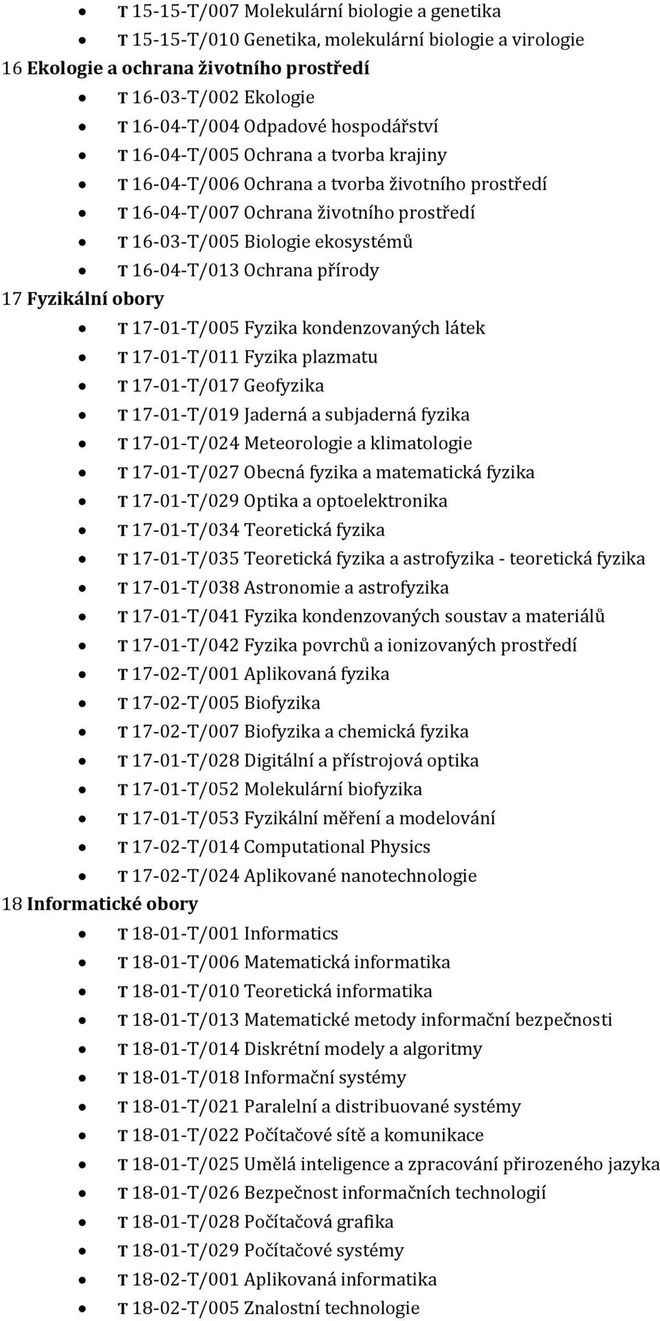Ochrana přírody 17 Fyzikální obory T 17-01-T/005 Fyzika kondenzovaných látek T 17-01-T/011 Fyzika plazmatu T 17-01-T/017 Geofyzika T 17-01-T/019 Jaderná a subjaderná fyzika T 17-01-T/024 Meteorologie