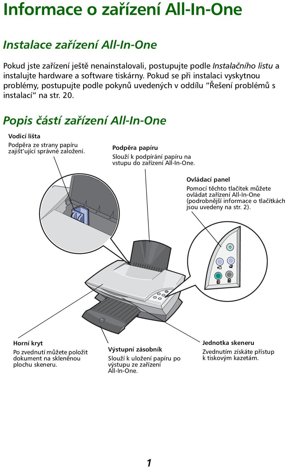 Popis částí zařízení All-In-One Vodicí lišta Podpěra ze strany papíru zajišt ující správné založení. Podpěra papíru Slouží k podpírání papíru na vstupu do zařízení All-In-One.