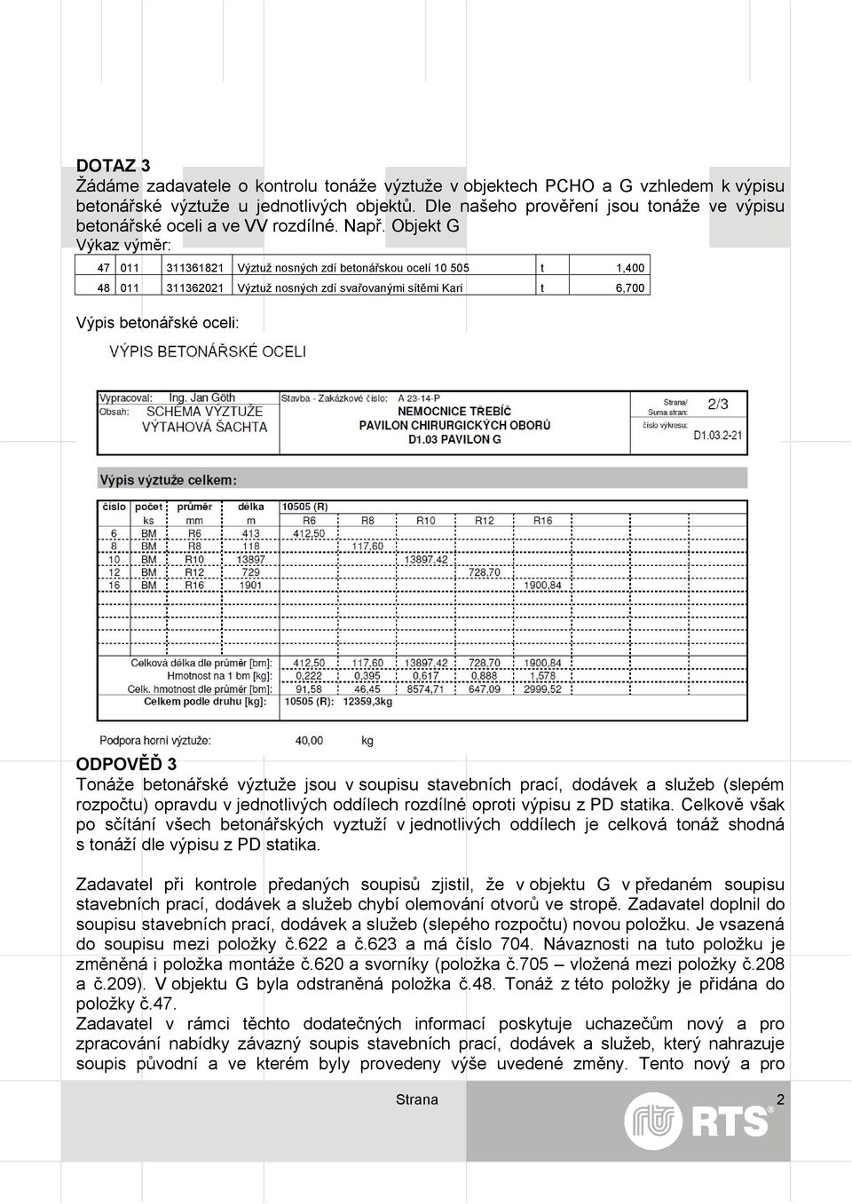 Objekt G Výkaz výměr: 47 011 311361821 Výztuž nosných zdí betonářskou ocelí 10 505 t 1,400 48 011 311362021 Výztuž nosných zdí svařovanými sítěmi Kari t 6,700 Výpis betonářské oceli: ODPOVĚĎ 3 Tonáže