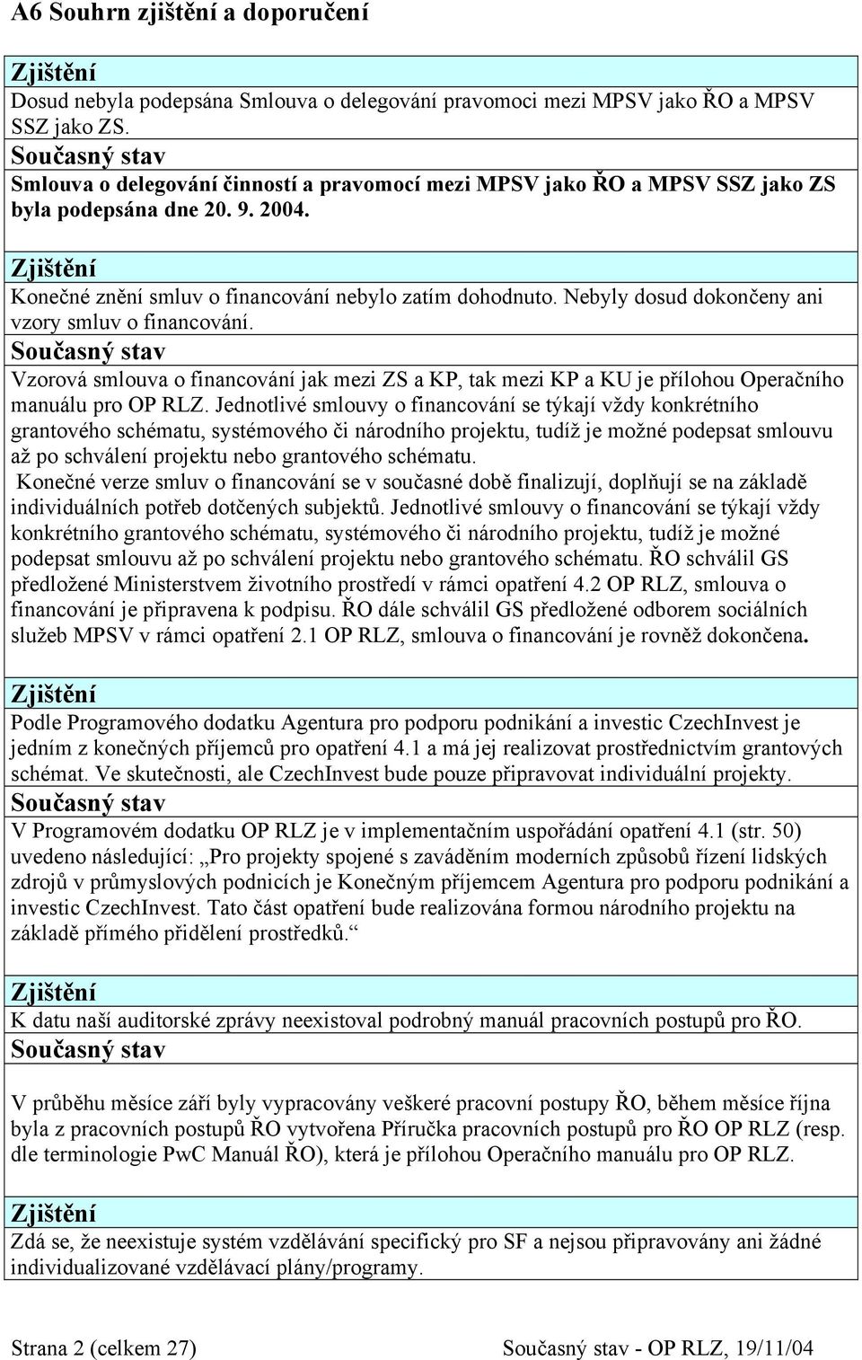 Nebyly dosud dokončeny ani vzory smluv o financování. Vzorová smlouva o financování jak mezi ZS a KP, tak mezi KP a KU je přílohou Operačního manuálu pro OP RLZ.