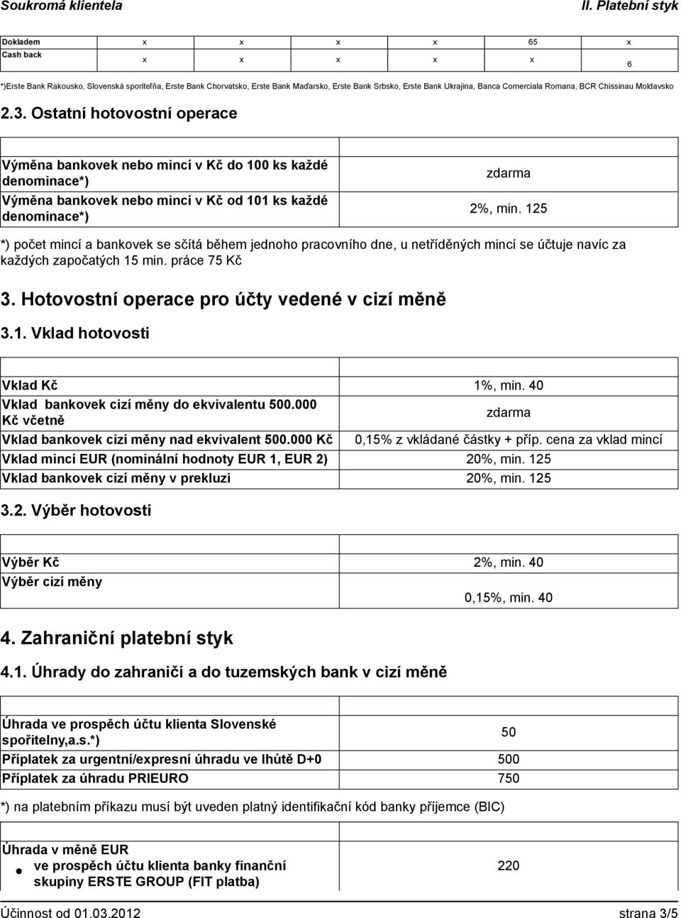 *) počet mincí a bankovek se sčítá během jednoho pracovního dne, u netříděných mincí se účtuje navíc za každých započatých 15 min. práce 75 Kč 3. Hotovostní operace pro účty vedené v cizí měně 3.1. Vklad hotovosti Vklad Kč 1%, min.