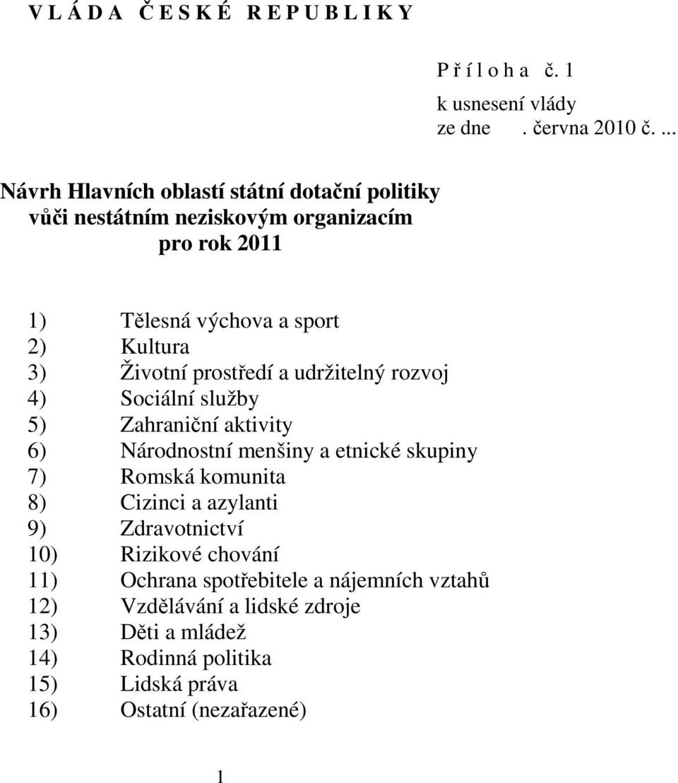 Životní prostředí a udržitelný rozvoj 4) Sociální služby 5) Zahraniční aktivity 6) Národnostní menšiny a etnické skupiny 7) Romská komunita 8)