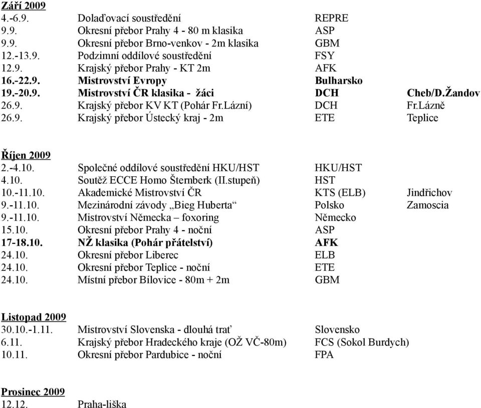 -4.10. Společné oddílové soustředění HKU/HST HKU/HST 4.10. Soutěž ECCE Homo Šternberk (II.stupeň) HST 10.-11.10. Akademické Mistrovství ČR KTS (ELB) Jindřichov 9.-11.10. Mezinárodní závody Bieg Huberta Polsko Zamoscia 9.