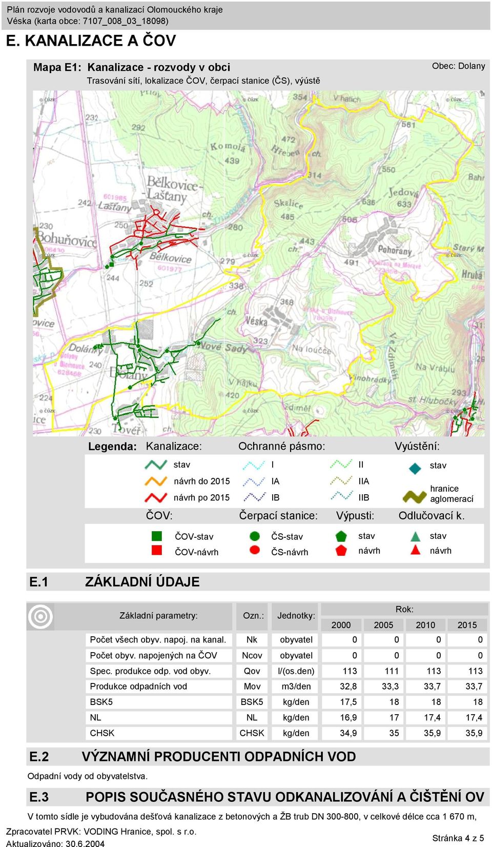 Základní parametry: Ozn.: Jednotky: 2000 2005 2010 2015 Počet všech obyv. napoj. na kanal. Nk obyvatel 0 0 0 0 Počet obyv. napojených na ČOV Ncov obyvatel 0 0 0 0 Spec. produkce odp. vod obyv.