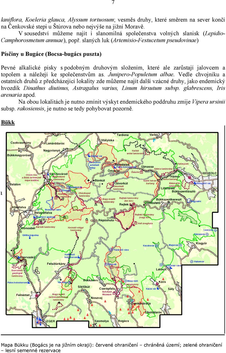 slaných luk (Artemisio-Festucetum pseudovinae) Písčiny u Bugáce (Bocsa-bugács puszta) Pevné alkalické písky s podobným druhovým složením, které ale zarůstají jalovcem a topolem a náležejí ke
