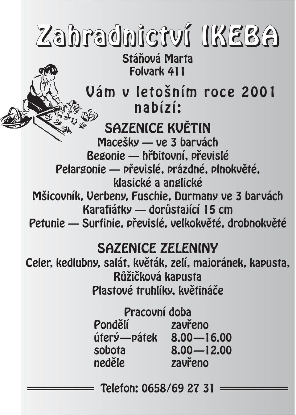 dorûstající 15 cm Petunie Surfinie, pfievislé, velkokvûté, drobnokvûté SAZENICE ZELENINY Celer, kedlubny, salát, kvûták, zelí, majoránek,