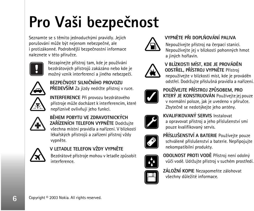 BEZPEÈNOST SILNIÈNÍHO PROVOZU PØEDEV ÍM Za jízdy nedr¾te pøístroj v ruce. INTERFERENCE Pøi provozu bezdrátového pøístroje mù¾e docházet k interferencím, které nepøíznivì ovlivòují jeho funkci.