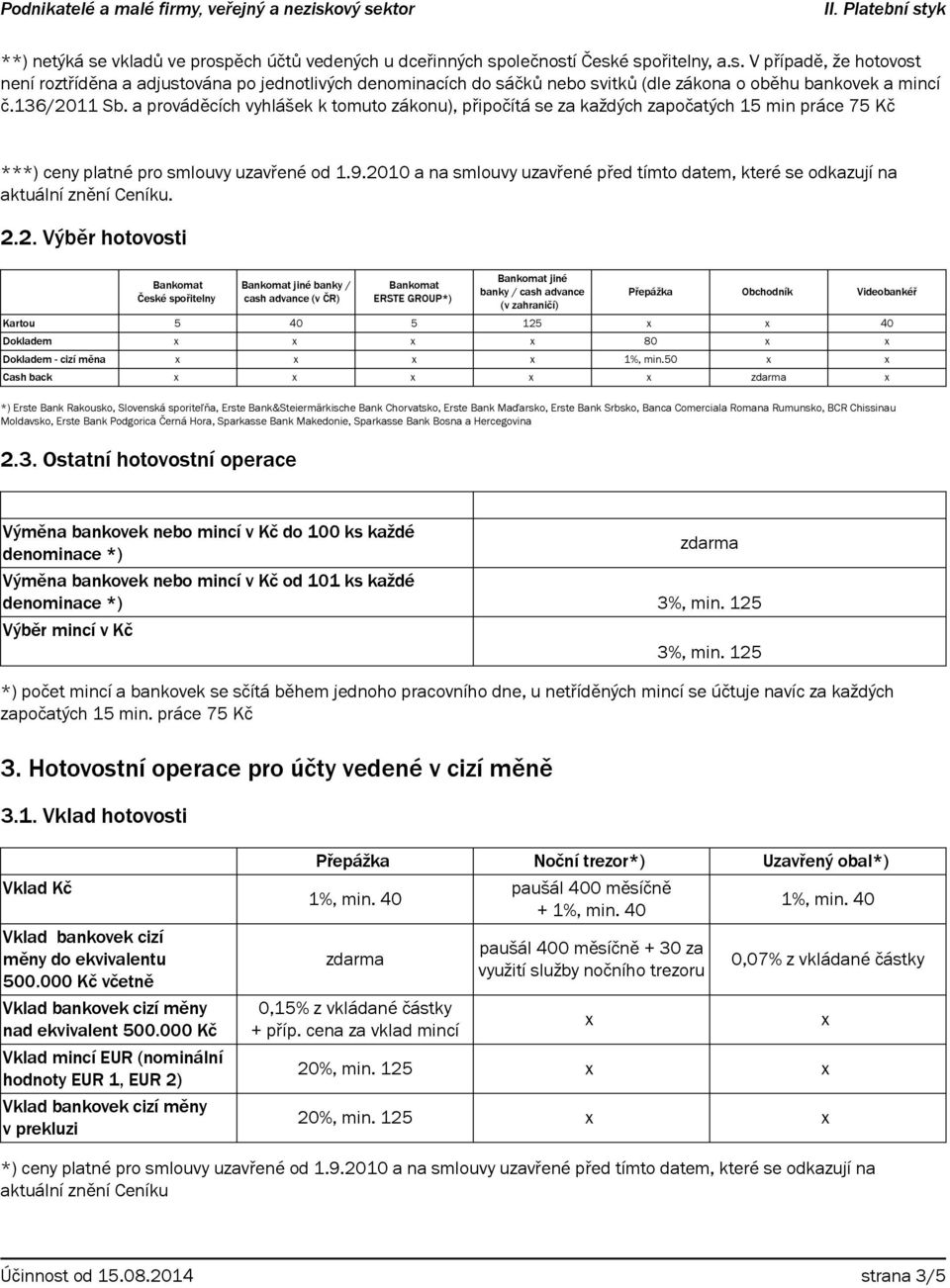 2010 a na smlouvy uzavřené před tímto datem, které se odkazují na aktuální znění Ceníku. 2.2. Výběr hotovosti České spořitelny jiné banky / cash advance (v ČR) ERSTE GROUP*) jiné banky / cash advance