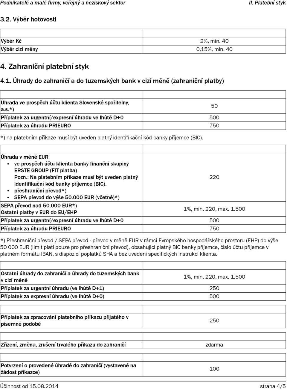 Úhrada v měně EUR ve prospěch účtu klienta banky finanční skupiny ERSTE GROUP (FIT platba) Pozn.: Na platebním příkaze musí být uveden platný 220 identifikační kód banky příjemce (BIC).