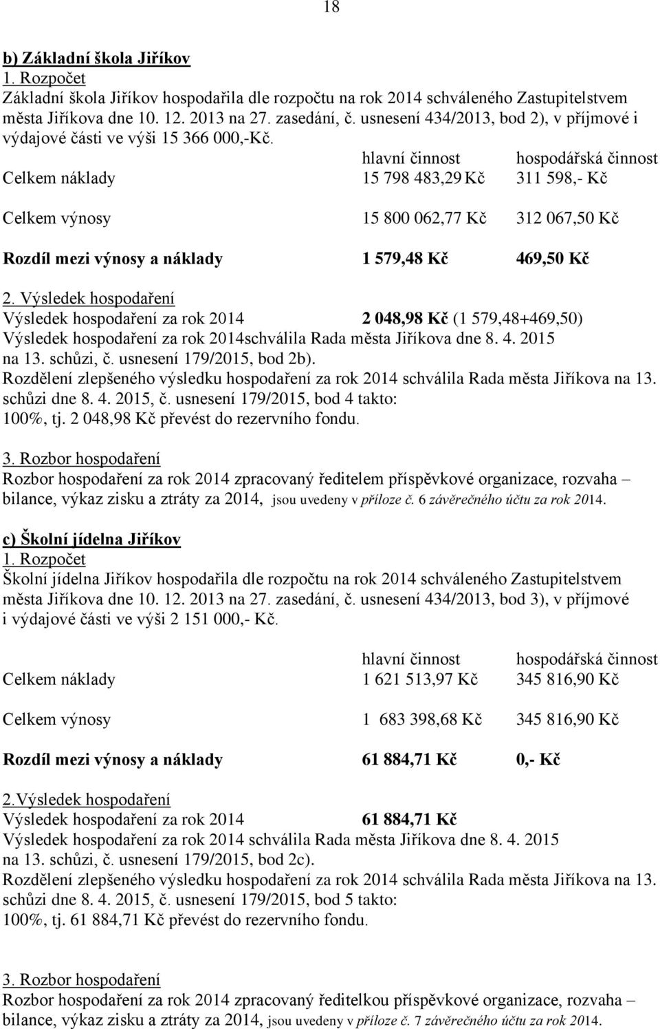 hlavní činnost hospodářská činnost náklady 15 798 483,29 Kč 311 598,- Kč výnosy 15 800 062,77 Kč 312 067,50 Kč Rozdíl mezi výnosy a náklady 1 579,48 Kč 469,50 Kč 2.