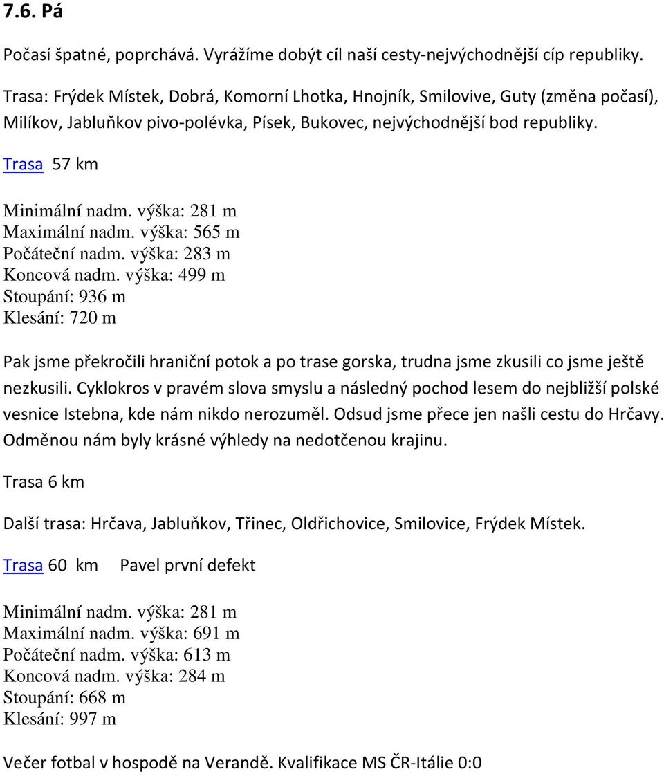 výška: 565 m Počáteční nadm. výška: 283 m Koncová nadm. výška: 499 m Stoupání: 936 m Klesání: 720 m Pak jsme překročili hraniční potok a po trase gorska, trudna jsme zkusili co jsme ještě nezkusili.