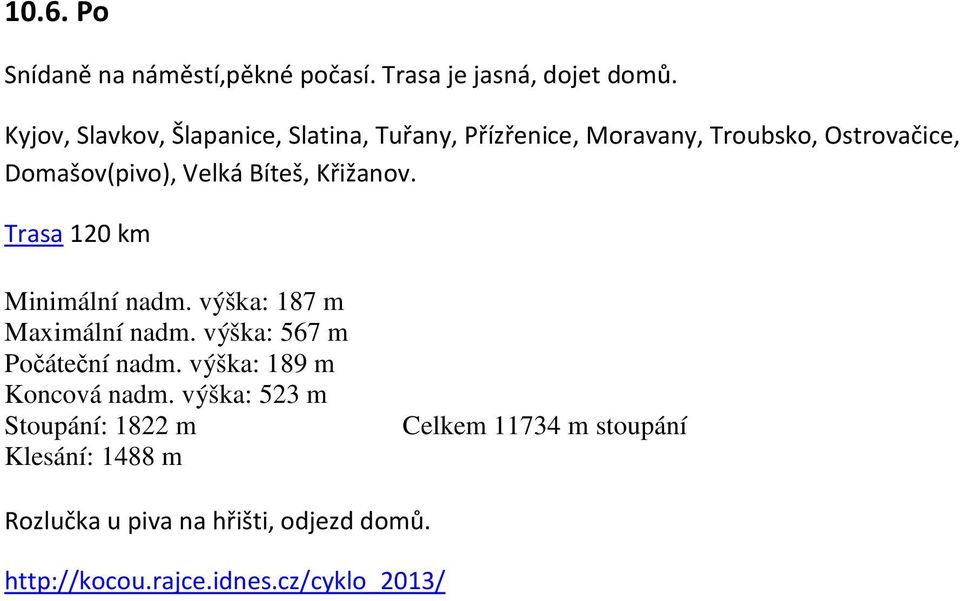 Bíteš, Křižanov. Trasa 120 km Minimální nadm. výška: 187 m Maximální nadm. výška: 567 m Počáteční nadm.